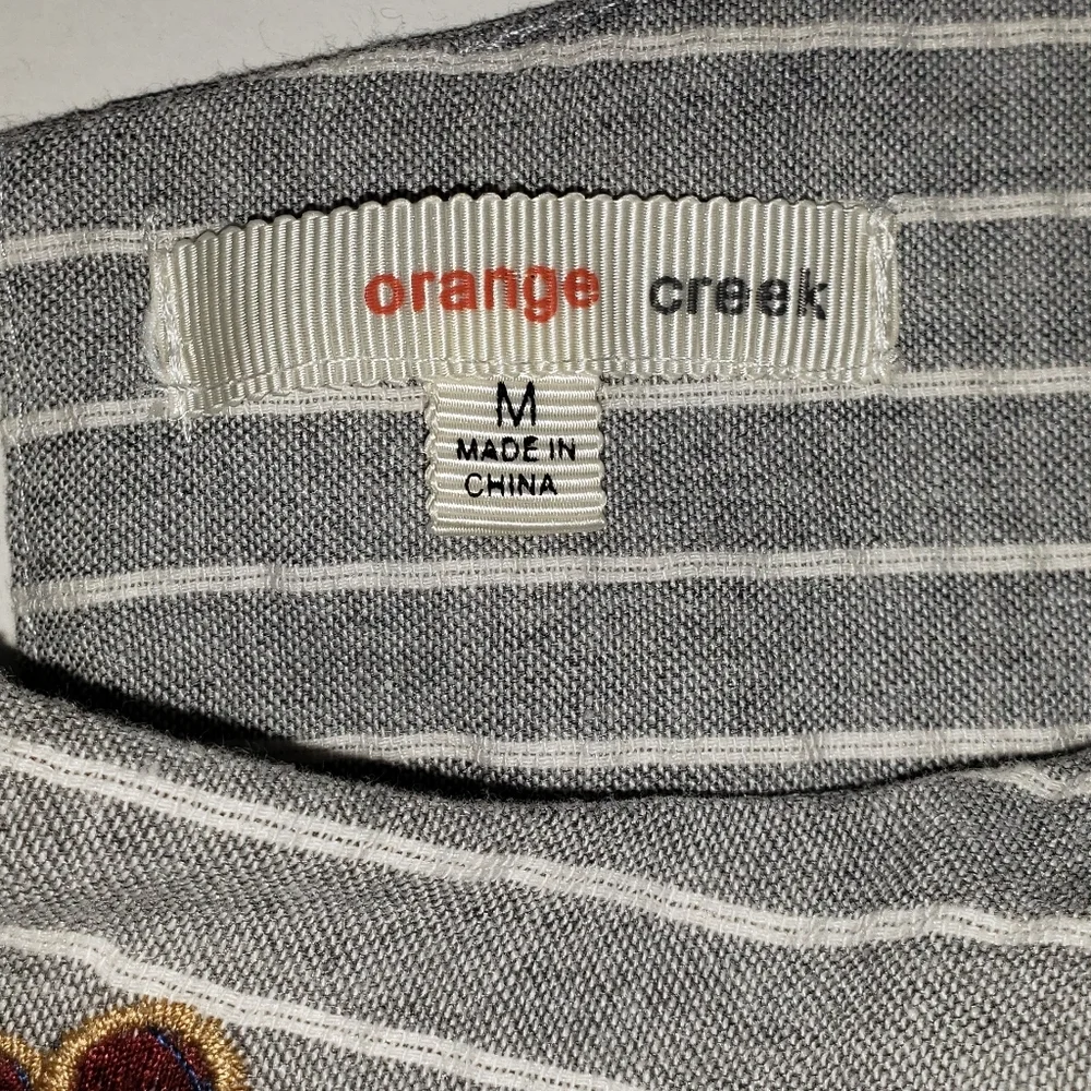 Orange Creek Gray Striped Floral Embroidered Dress Sz Medium Bell Sleeve Cotton - Picture 10 of 14